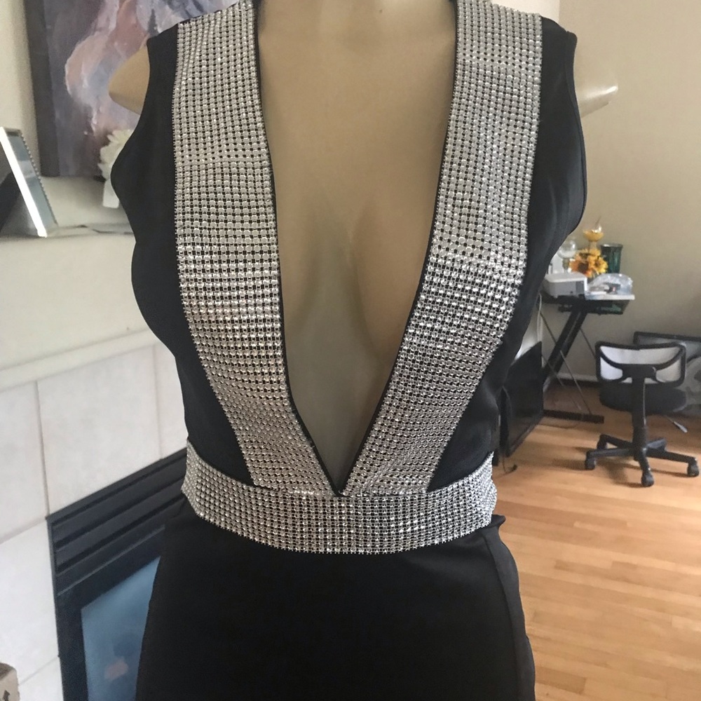 Plunging Neck Sequins Trim Split Thigh Dress